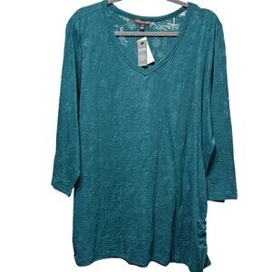 NEW Lane Bryant Teal Floral-Patterned V-Neck Tunic Top With Ruched Sides 22/24